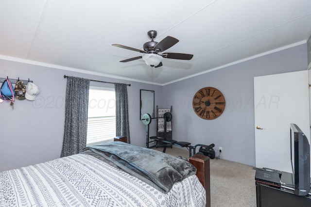 bedroom with ornamental molding, ceiling fan, and carpet flooring