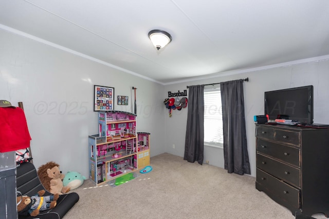 game room featuring carpet and crown molding
