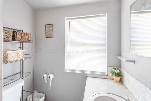 bathroom with toilet, vanity, and a healthy amount of sunlight