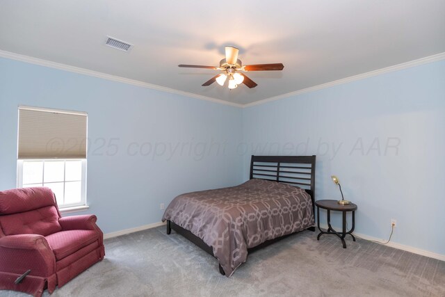 3508 Bismarck Ave, Amarillo, TX 79118 - carpeted bedroom featuring baseboards, ornamental molding, and a ceiling fan