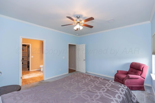 3508 Bismarck Ave, Amarillo, TX 79118 - bedroom with crown molding, baseboards, carpet floors, and a ceiling fan