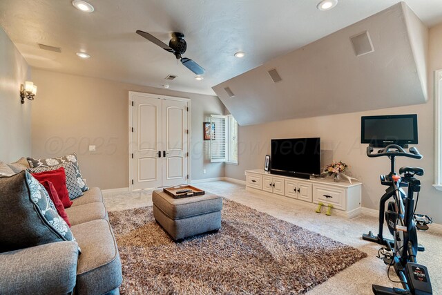 4 Kingsridge Pl, Amarillo, TX 79106 - carpeted living area with ceiling fan, recessed lighting, and vaulted ceiling