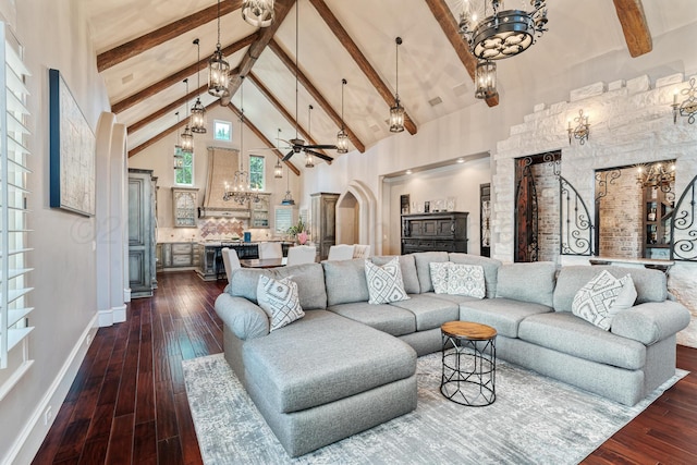 4 Kingsridge Pl, Amarillo, TX 79106 - living area with a chandelier, high vaulted ceiling, arched walkways, beamed ceiling, and dark wood finished floors