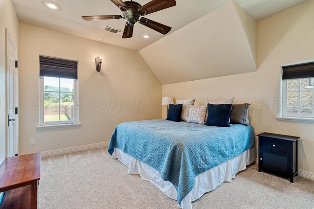 4 Kingsridge Pl, Amarillo, TX 79106 - bedroom with light carpet, recessed lighting, ceiling fan, and lofted ceiling