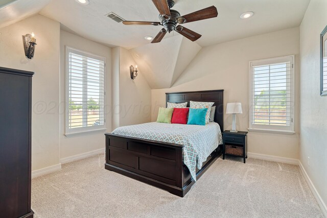 4 Kingsridge Pl, Amarillo, TX 79106 - bedroom with carpet, multiple windows, lofted ceiling, recessed lighting, and ceiling fan