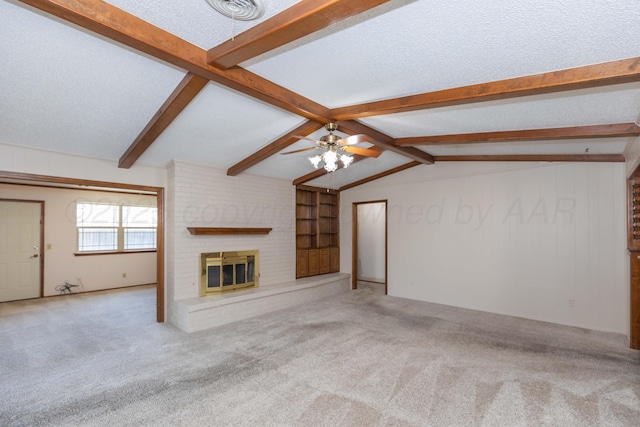 6111 Princeton St, Amarillo, TX 79109 - unfurnished living room with a ceiling fan, a brick fireplace, carpet flooring, and a textured ceiling