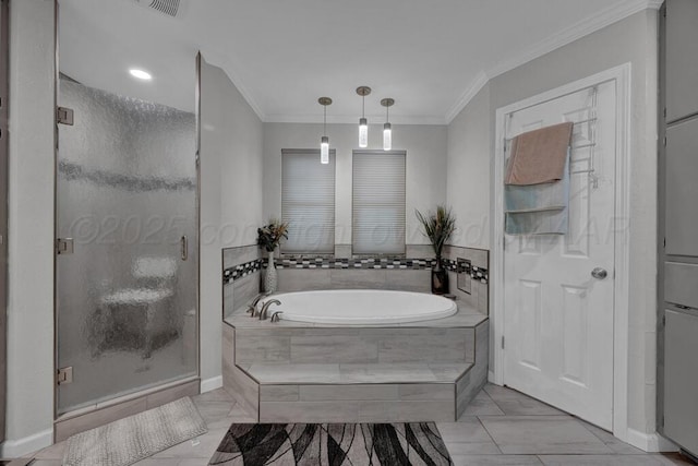 5105 Black Oak Dr, Amarillo, TX 79110 - bathroom featuring a garden tub, ornamental molding, a stall shower, and marble finish flooring
