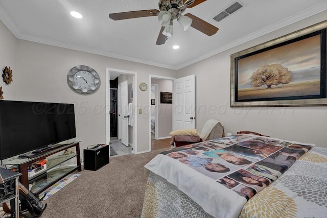 5105 Black Oak Dr, Amarillo, TX 79110 - carpeted bedroom featuring crown molding, recessed lighting, and a ceiling fan