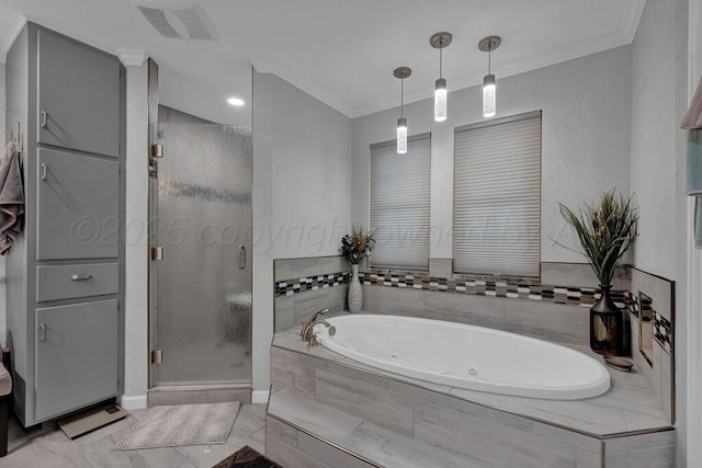 5105 Black Oak Dr, Amarillo, TX 79110 - full bathroom with a whirlpool tub, a shower stall, crown molding, and tile patterned flooring