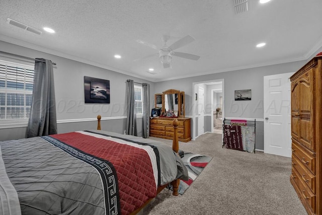5105 Black Oak Dr, Amarillo, TX 79110 - carpeted bedroom with crown molding, recessed lighting, and a ceiling fan