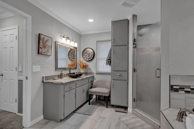 5105 Black Oak Dr, Amarillo, TX 79110 - full bath with crown molding, a stall shower, vanity, and a garden tub