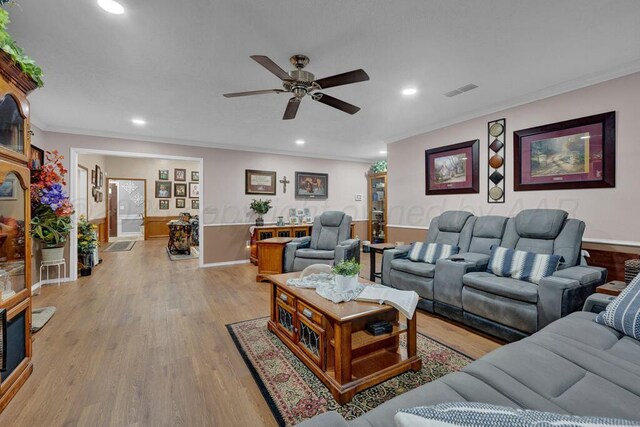 5105 Black Oak Dr, Amarillo, TX 79110 - living room featuring ornamental molding, ceiling fan, recessed lighting, and light wood-type flooring