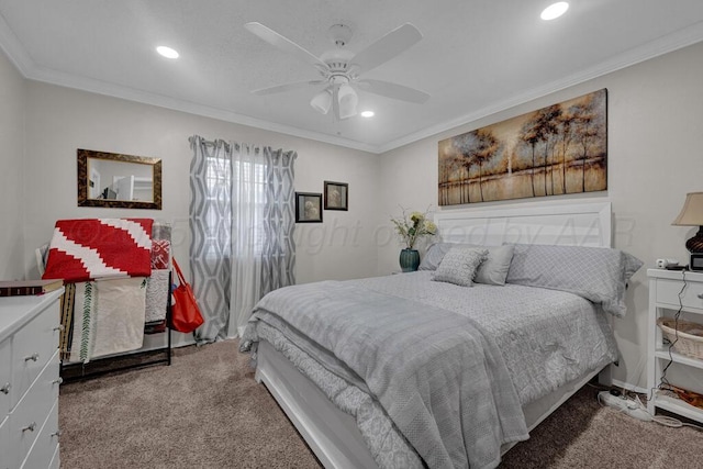 5105 Black Oak Dr, Amarillo, TX 79110 - carpeted bedroom with ornamental molding, recessed lighting, and ceiling fan