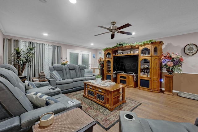 5105 Black Oak Dr, Amarillo, TX 79110 - living room with ceiling fan, ornamental molding, light wood-type flooring, recessed lighting, and healthy amount of natural light