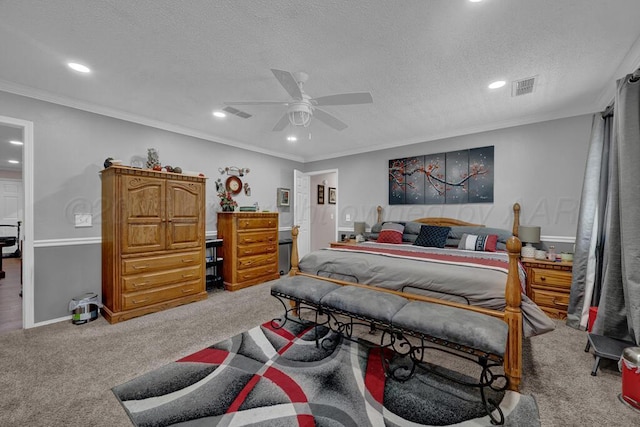 5105 Black Oak Dr, Amarillo, TX 79110 - carpeted bedroom featuring recessed lighting, a textured ceiling, crown molding, and a ceiling fan