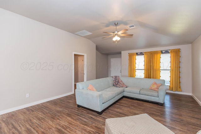 7701 Bellamy Dr, Amarillo, TX 79119 - living room featuring lofted ceiling, dark wood-style floors, and ceiling fan