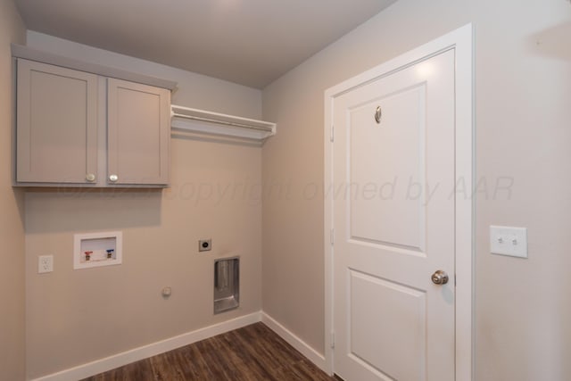 7701 Bellamy Dr, Amarillo, TX 79119 - laundry area with electric dryer hookup, hookup for a washing machine, dark wood-style flooring, cabinet space, and gas dryer hookup
