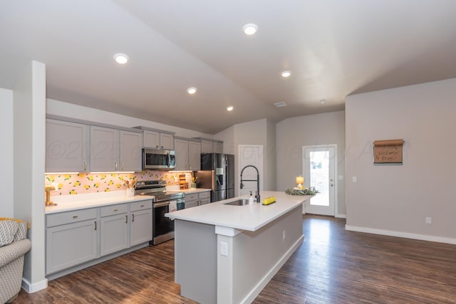 7701 Bellamy Dr, Amarillo, TX 79119 - kitchen with stainless steel appliances, gray cabinets, decorative backsplash, an island with sink, and lofted ceiling