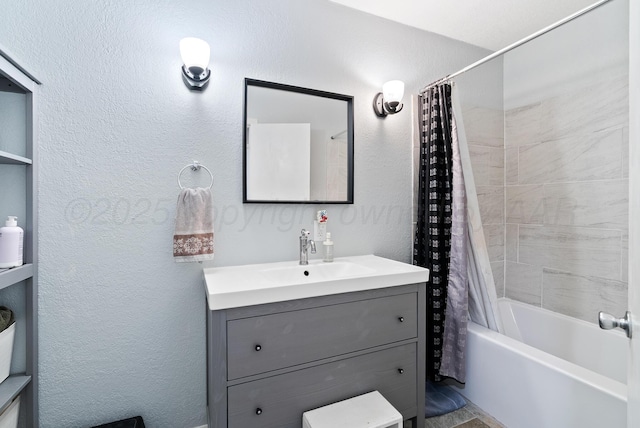 3607 Fleetwood Dr, Amarillo, TX 79109 - full bath with vanity, a textured wall, and shower / tub combo with curtain