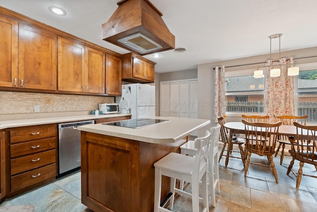 3607 Fleetwood Dr, Amarillo, TX 79109 - kitchen with white appliances, brown cabinets, a kitchen breakfast bar, island exhaust hood, and recessed lighting