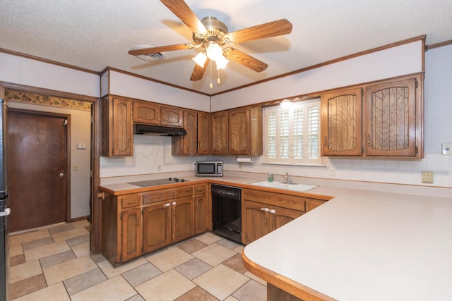 7806 Cervin Dr, Amarillo, TX 79121 - kitchen with black appliances, under cabinet range hood, a sink, light countertops, and brown cabinets
