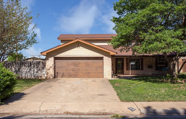 view of front facade with a garage, brick siding, concrete driveway, and a porch