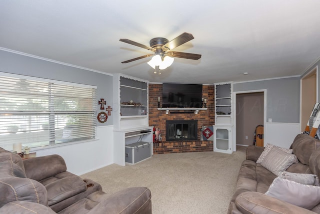 407 Thompson Ln, Canyon, TX 79015 - living room featuring carpet floors, ornamental molding, ceiling fan, and a brick fireplace