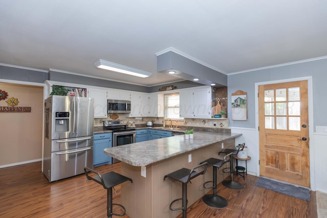 407 Thompson Ln, Canyon, TX 79015 - kitchen with a sink, a peninsula, blue cabinets, dark wood-style flooring, and appliances with stainless steel finishes