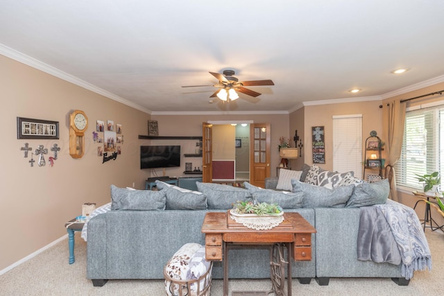 407 Thompson Ln, Canyon, TX 79015 - living room with carpet, baseboards, a ceiling fan, and crown molding