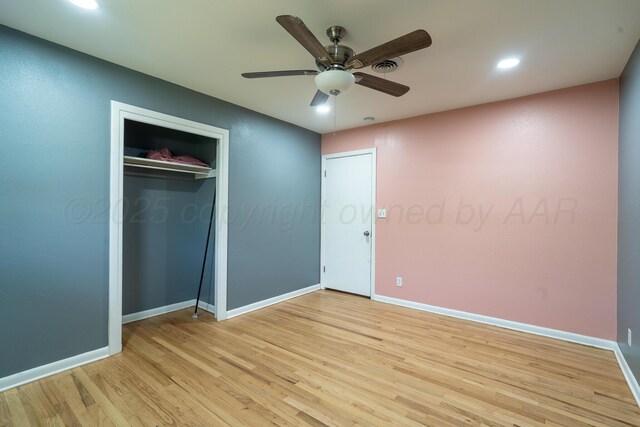 3701 Westlawn Ave, Amarillo, TX 79102 - unfurnished bedroom featuring light wood-type flooring, recessed lighting, ceiling fan, and a closet