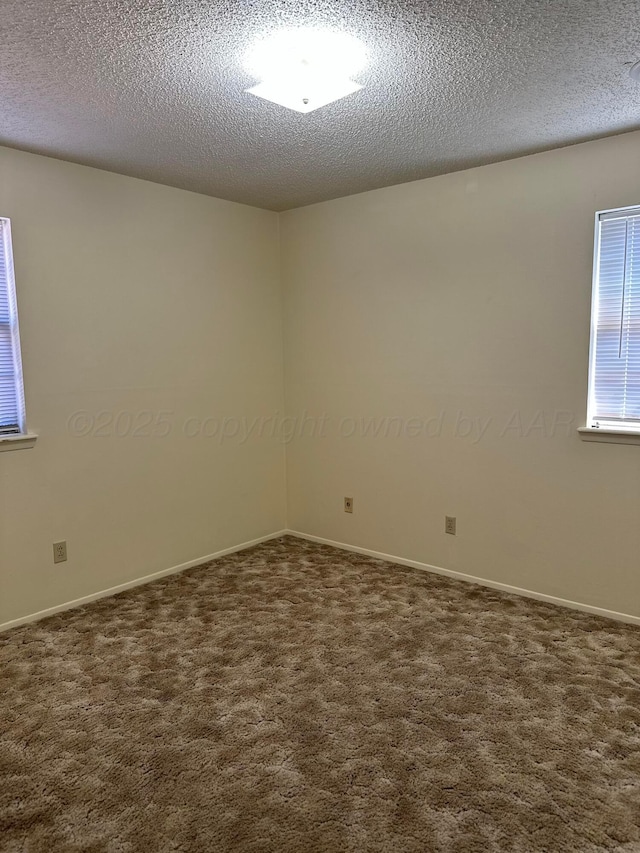 spare room featuring carpet floors and a textured ceiling