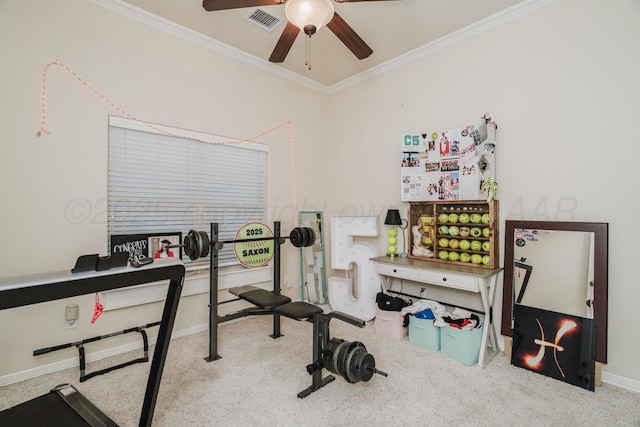 212 Cimarron St, Borger, TX 79007 - workout room featuring ornamental molding, a ceiling fan, carpet flooring, and baseboards