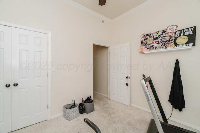 212 Cimarron St, Borger, TX 79007 - workout area featuring crown molding, baseboards, carpet floors, and a ceiling fan