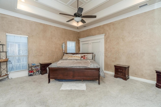 212 Cimarron St, Borger, TX 79007 - bedroom featuring carpet flooring, ornamental molding, a ceiling fan, and baseboards