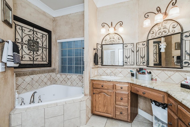 212 Cimarron St, Borger, TX 79007 - full bath featuring ornamental molding, tile patterned floors, a bath, vanity, and backsplash