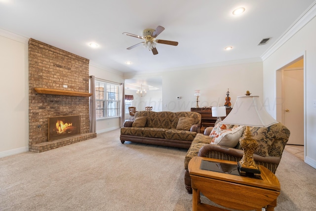 carpeted living room with visible vents, crown molding, and ceiling fan