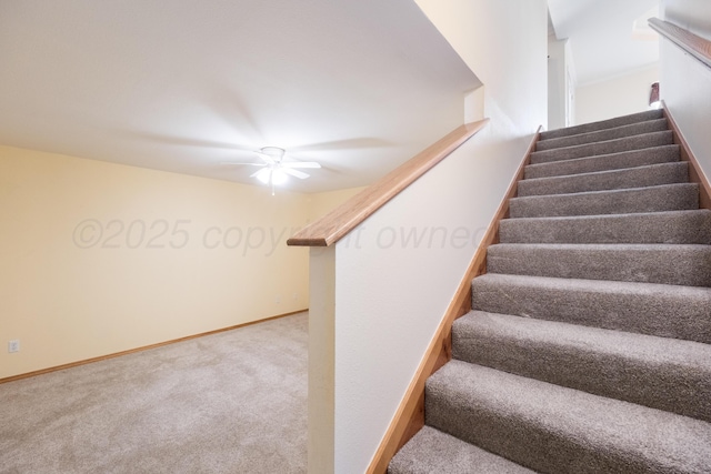 stairway featuring carpet flooring, baseboards, and ceiling fan