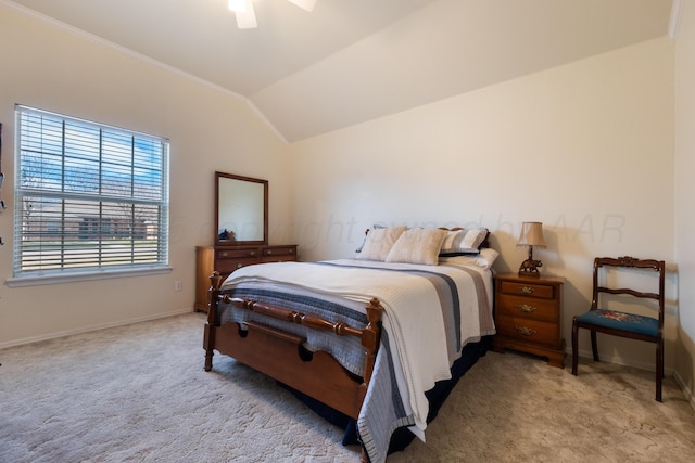 bedroom with baseboards, carpet floors, lofted ceiling, ceiling fan, and crown molding