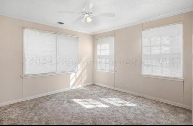 carpeted spare room featuring crown molding, a ceiling fan, and baseboards