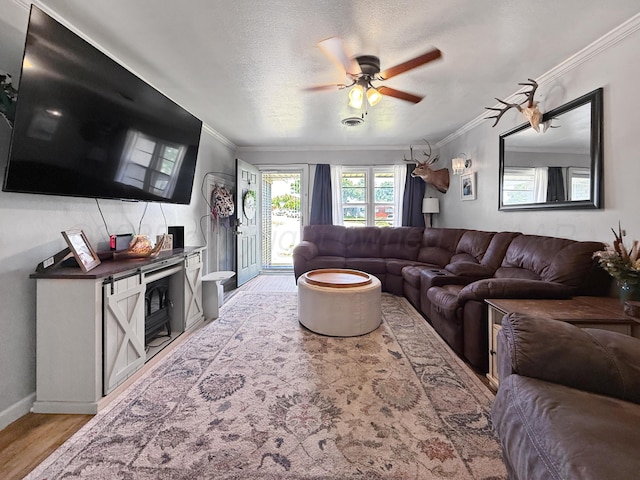 424 Santa Fe St, Borger, TX 79007 - living room featuring a ceiling fan, crown molding, light wood-type flooring, and baseboards