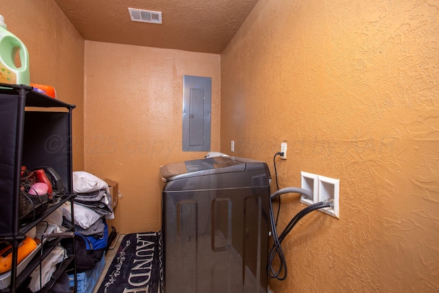 laundry area with washer hookup, electric panel, and a textured ceiling