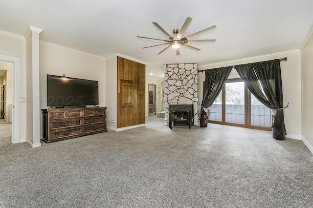 7402 Lynnlee Pl, Amarillo, TX 79121 - unfurnished living room featuring crown molding, ceiling fan, and a fireplace