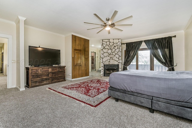7402 Lynnlee Pl, Amarillo, TX 79121 - carpeted bedroom with ornamental molding, a stone fireplace, and a ceiling fan
