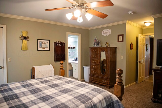 bedroom featuring ceiling fan, ensuite bath, dark carpet, and ornamental molding