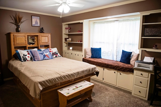 carpeted bedroom featuring ceiling fan and crown molding