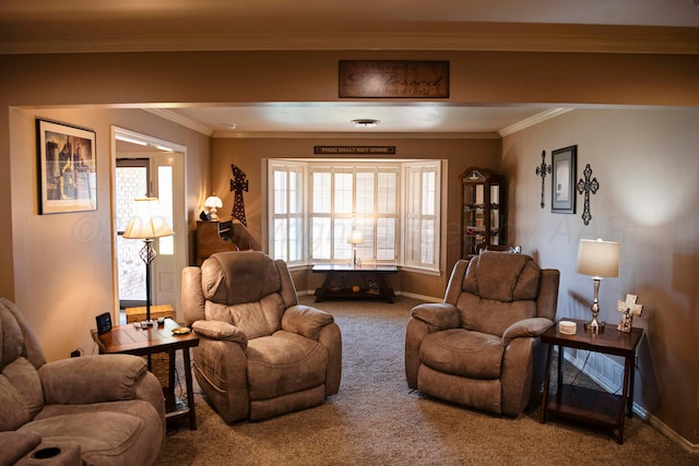 carpeted living room with crown molding