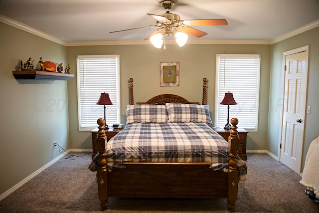 bedroom with multiple windows, carpet flooring, ceiling fan, and crown molding