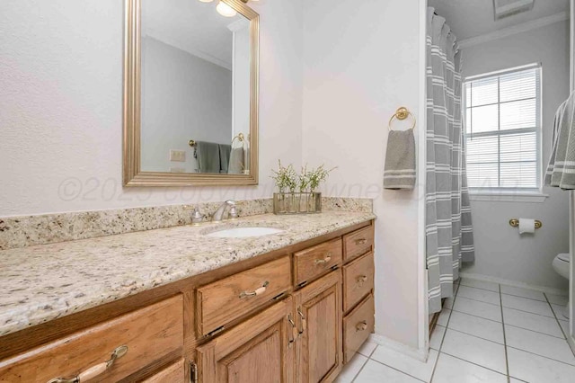 full bath featuring ornamental molding, vanity, toilet, and tile patterned floors