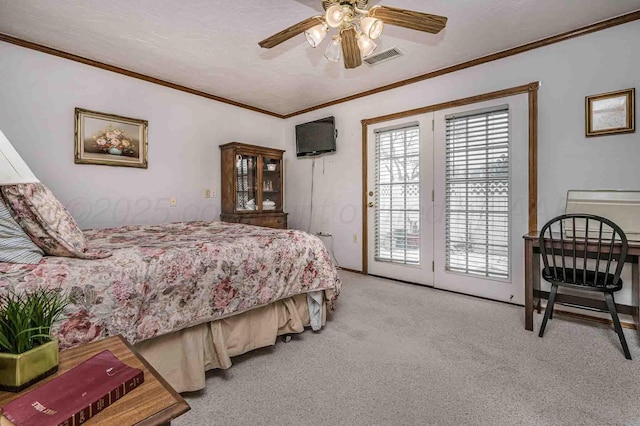 bedroom with light carpet, access to outside, and ornamental molding