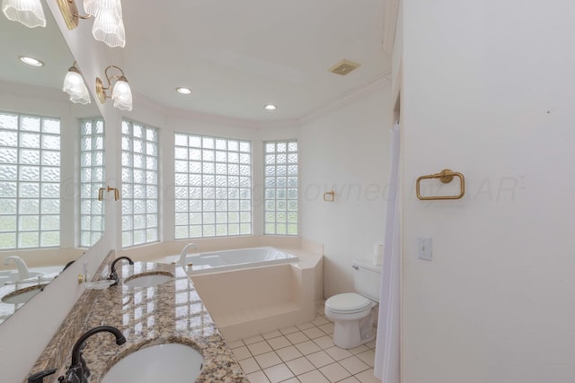 full bathroom featuring ornamental molding, a sink, tile patterned flooring, and a wealth of natural light